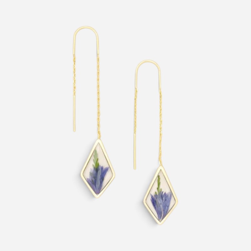 Pressed Flower Thread Earrings Purple Cornflower/Gold