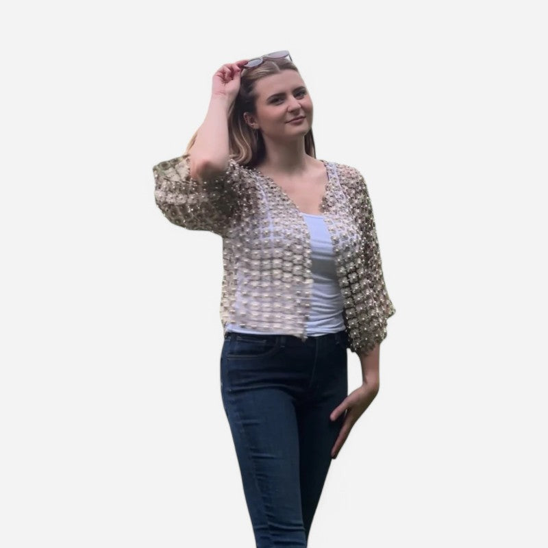 Lace Pearl Short Cardigan Champagne