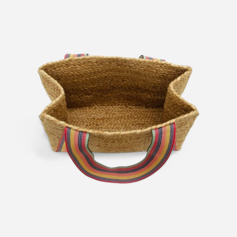 Fiona Jute Tote With Multi Stripe Shoulder Strap Natural