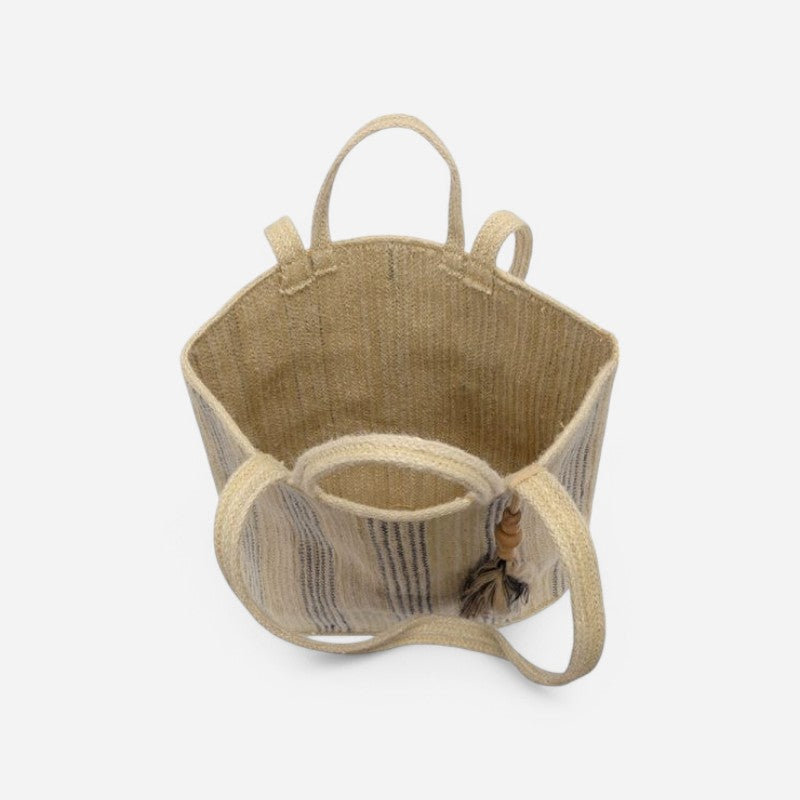 Jude Double Handle Tassel Jute Fiber Tote Neutral Stitched Stripe