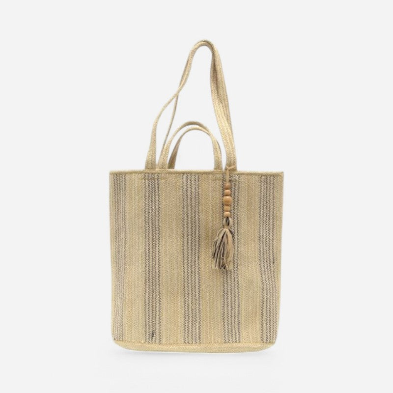 Jude Double Handle Tassel Jute Fiber Tote Neutral Stitched Stripe
